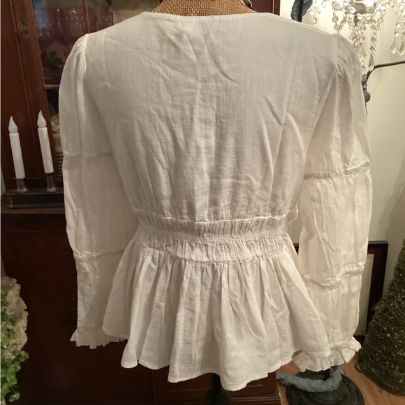 Faherty Regenerative Cotton White Peasant Blouse with Smocked Waist - Picture 2 of 4
